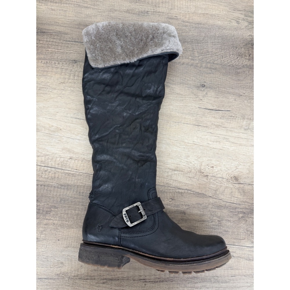 Frye Veronica Shearling Tall Black Leather Moto Boots 77506 Size 7.5